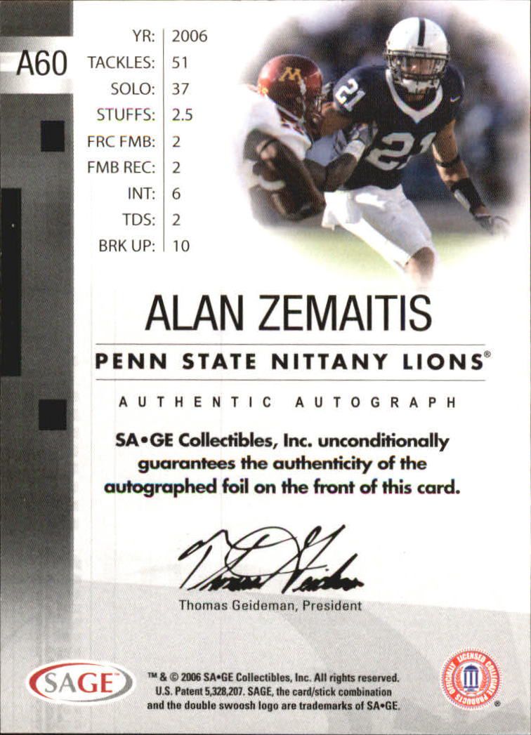 2006 SAGE Autographs Red #A60 Alan Zemaitis/999 back image