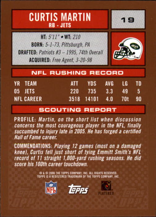 2006 Topps Draft Picks and Prospects #19 Curtis Martin back image