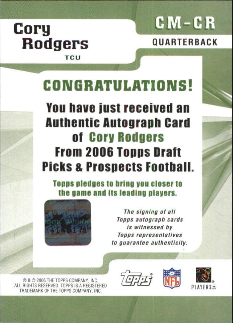 2006 Topps Draft Picks and Prospects Class Marks Autographs #CMCR Cory Rodgers F back image