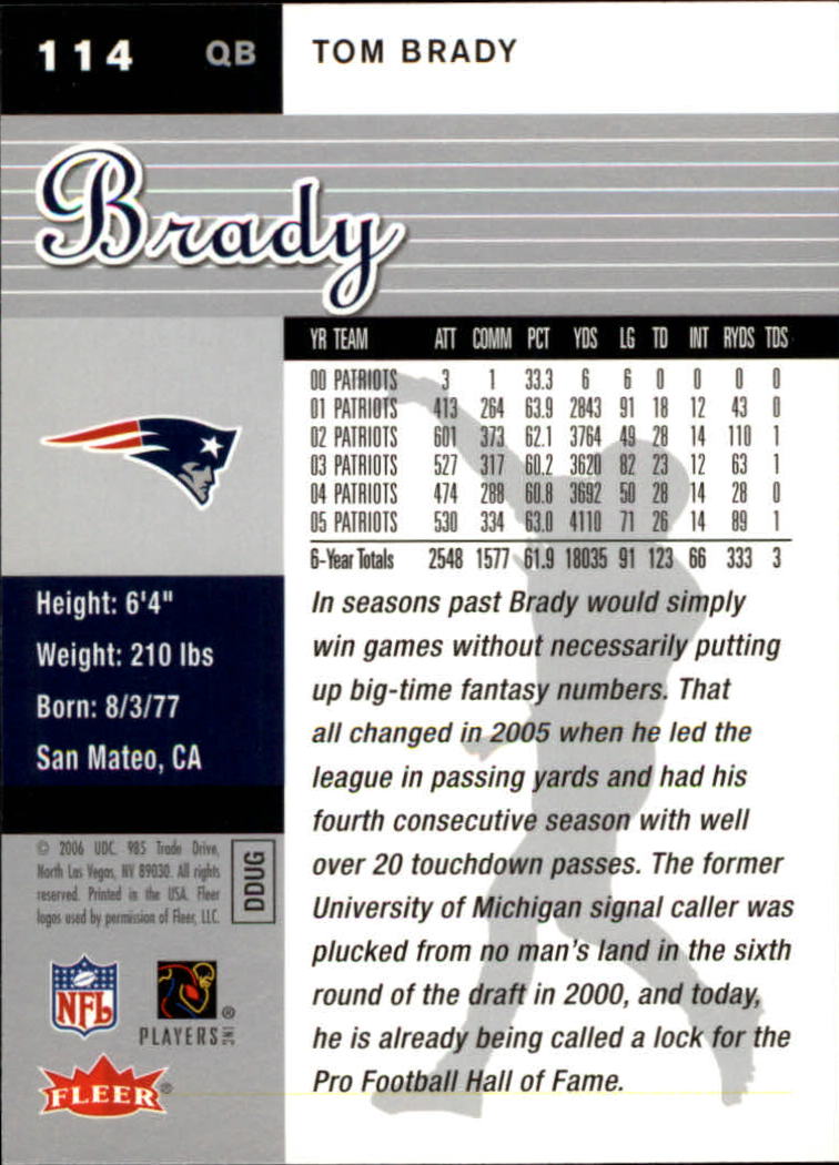 2006 Ultra #114 Tom Brady back image