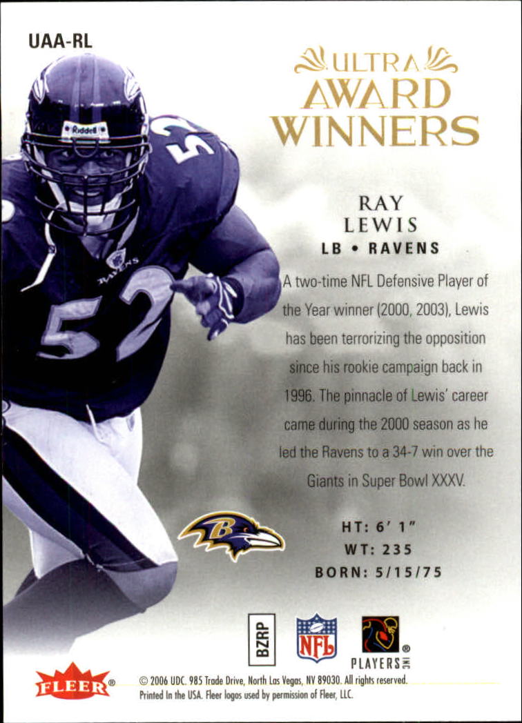 2006 Ultra Award Winners #UAARL Ray Lewis back image