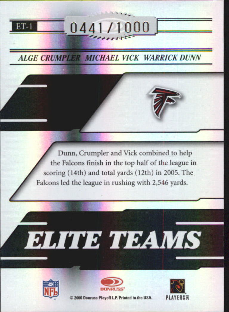 2006 Donruss Elite Elite Teams Black #1 Alge Crumpler/Michael Vick/Warrick Dunn back image