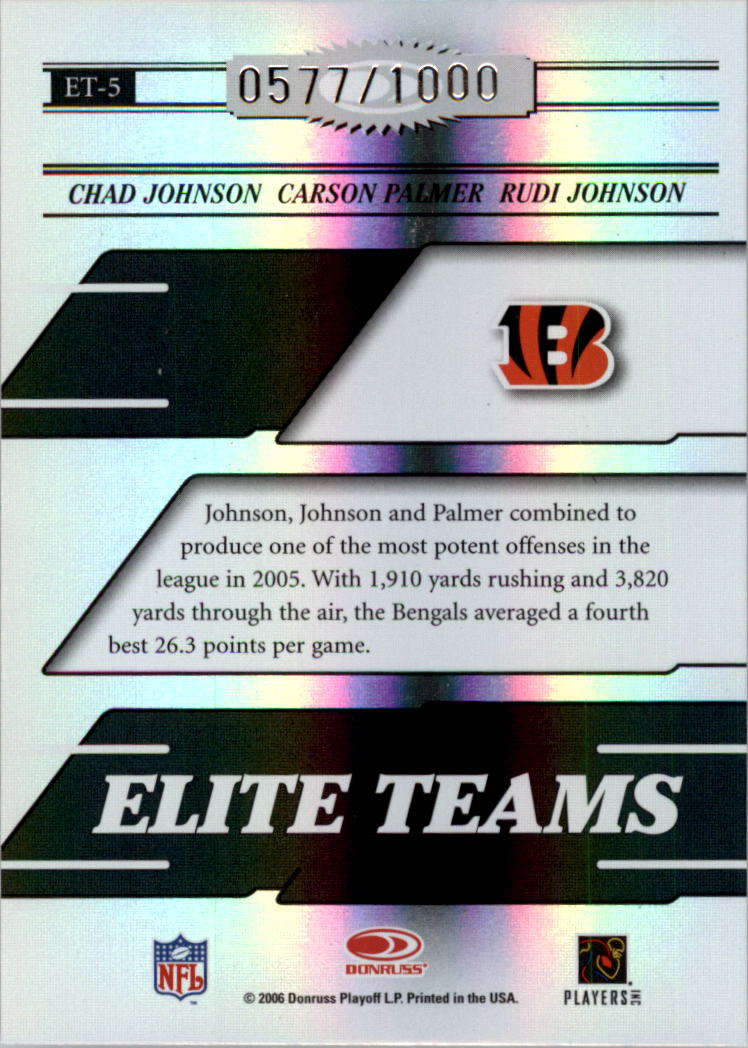 2006 Donruss Elite Elite Teams Black #5 Chad Johnson/Carson Palmer/Rudi Johnson back image