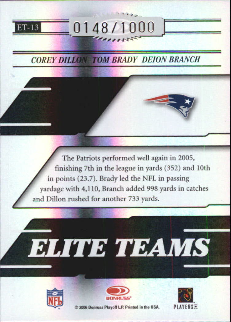 2006 Donruss Elite Elite Teams Black #13 Corey Dillon/Tom Brady/Deion Branch back image