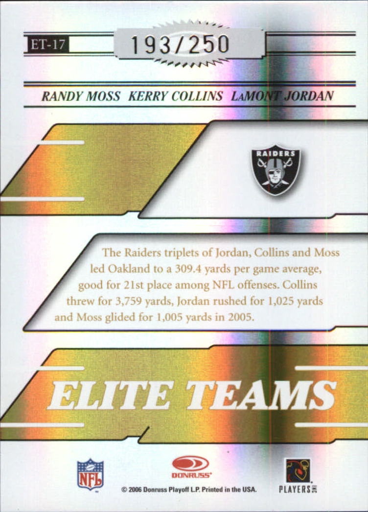 2006 Donruss Elite Elite Teams Gold #17 Randy Moss/Kerry Collins/LaMont Jordan back image