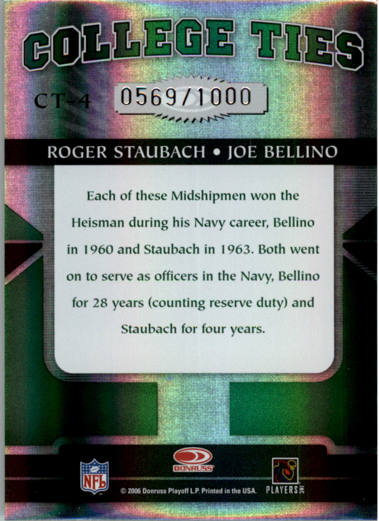 2006 Donruss Elite College Ties Green #4 Roger Staubach/Joe Bellino back image