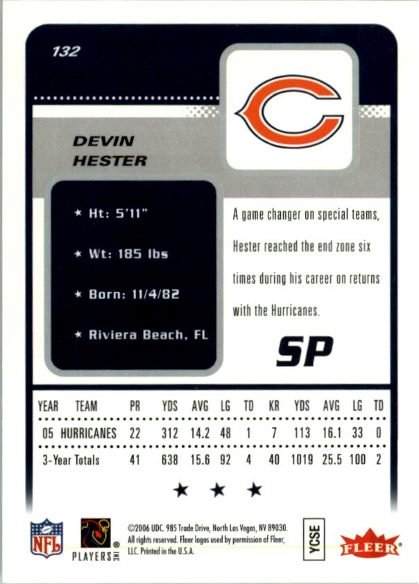 2006 Fleer #132 Devin Hester RC back image