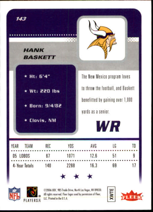 2006 Fleer #143 Hank Baskett RC back image