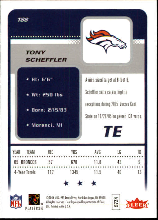 2006 Fleer #188 Tony Scheffler RC back image
