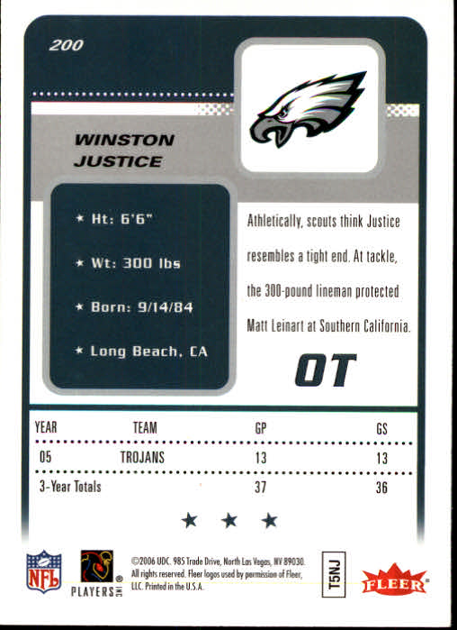 2006 Fleer #200 Winston Justice RC back image