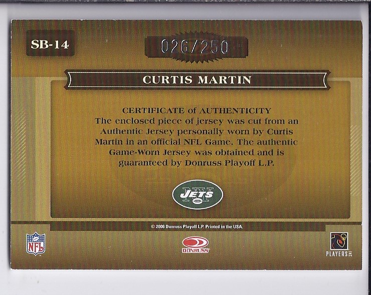2006 Donruss Classics Sunday's Best Jerseys #14 Curtis Martin back image
