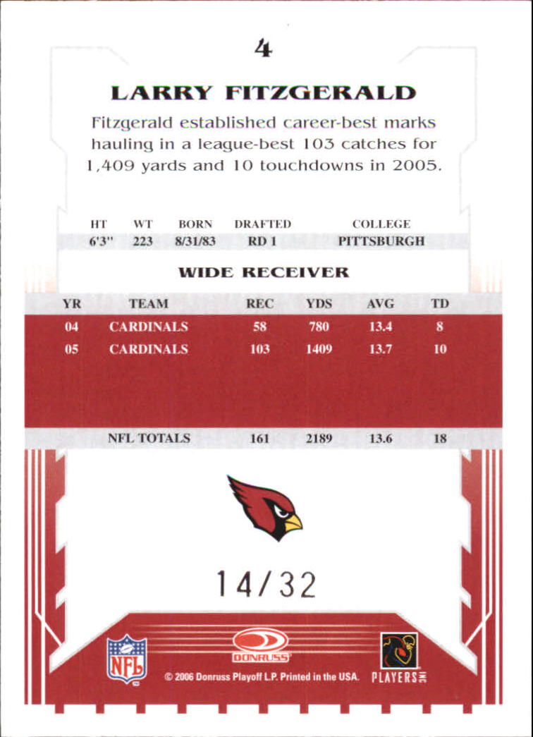 2006 Score Artist's Proof #4 Larry Fitzgerald back image