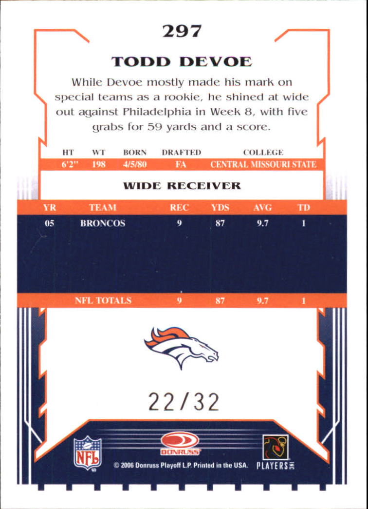 2006 Score Artist's Proof #297 Todd Devoe back image