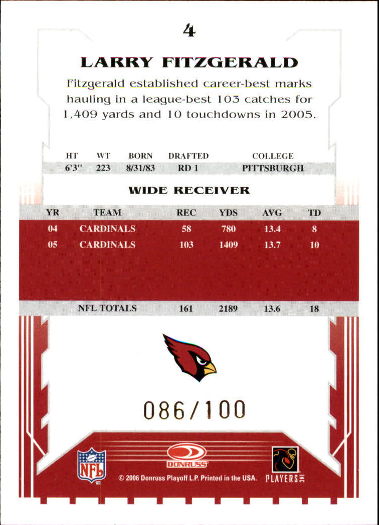 2006 Select Scorecard #4 Larry Fitzgerald back image