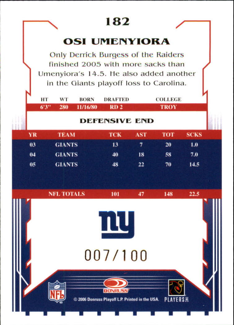 2006 Select Scorecard #182 Osi Umenyiora