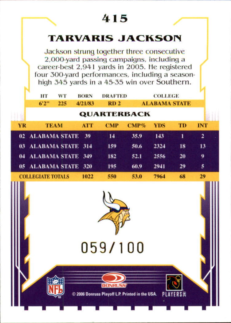 2006 Select Scorecard #415 Tarvaris Jackson back image