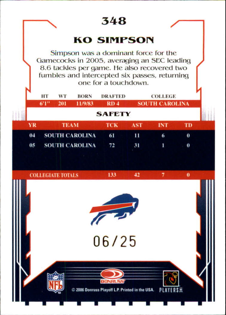 2006 Select Red #348 Ko Simpson back image