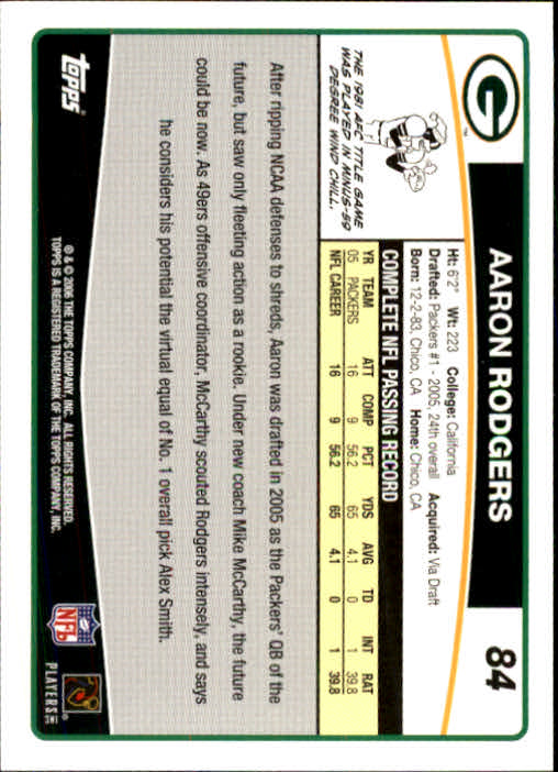 2006 Topps #84 Aaron Rodgers back image