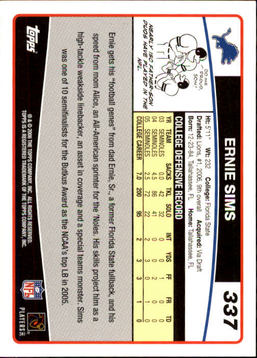 2006 Topps #337 Ernie Sims RC back image