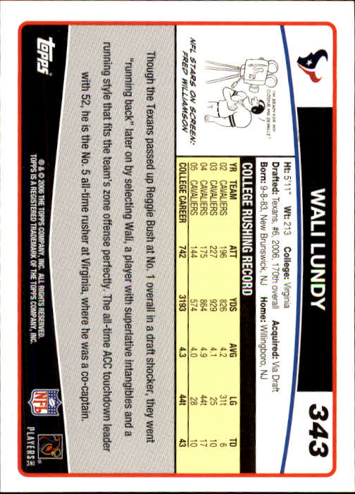 2006 Topps #343 Wali Lundy RC back image