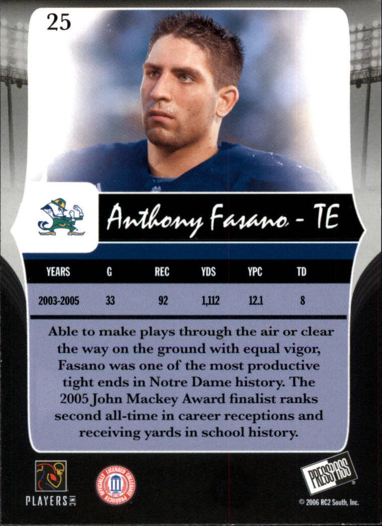 2006 Press Pass Legends #25 Anthony Fasano back image