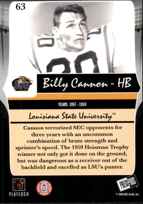 2006 Press Pass Legends #63 Billy Cannon back image