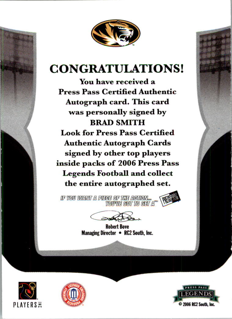 2006 Press Pass Legends Autographs #65 Brad Smith back image