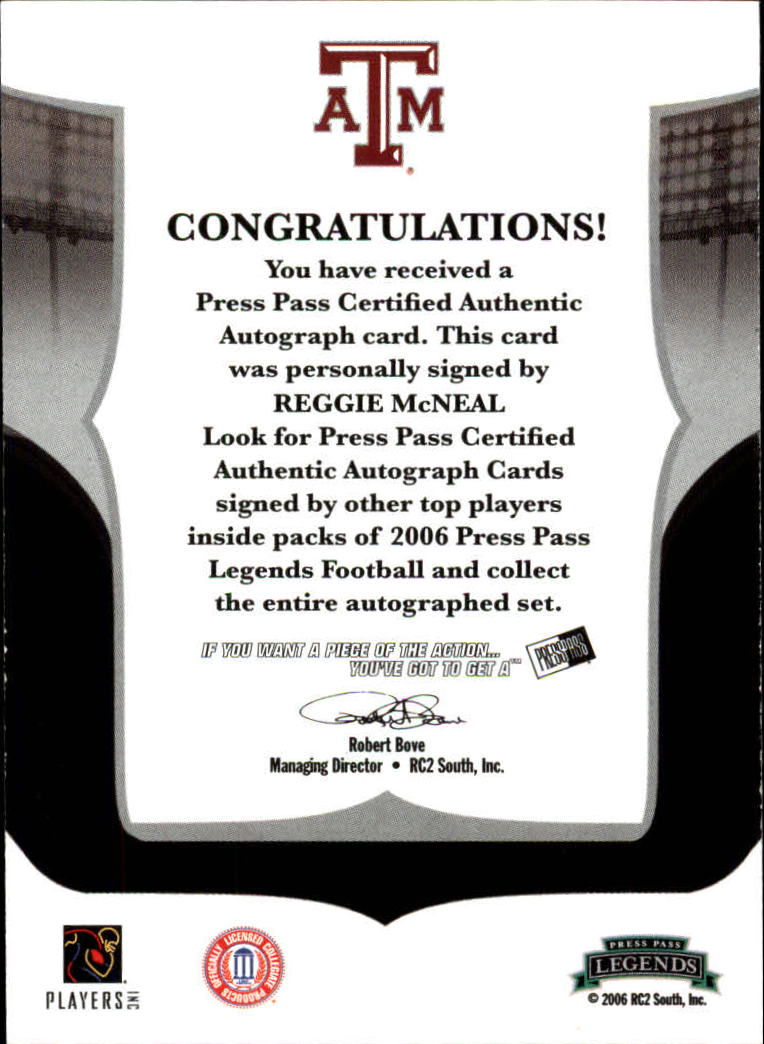 2006 Press Pass Legends Autographs #50 Reggie McNeal back image