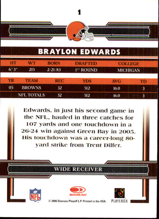2006 Donruss Threads #1 Braylon Edwards back image