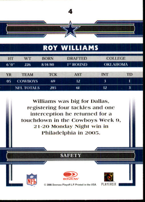 2006 Donruss Threads #4 Roy Williams S back image