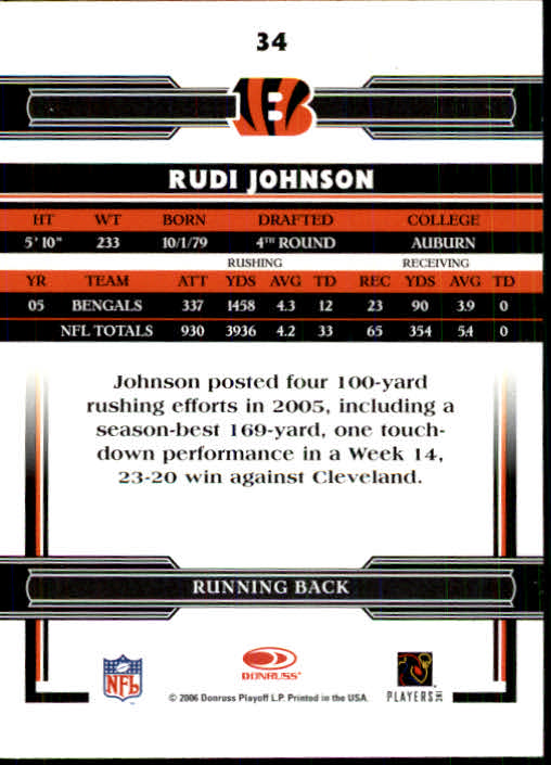 2006 Donruss Threads #34 Rudi Johnson back image