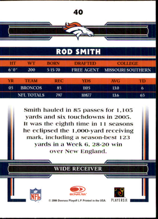 2006 Donruss Threads #40 Rod Smith back image
