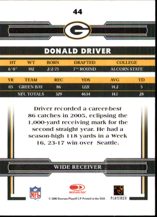 2006 Donruss Threads #44 Donald Driver back image