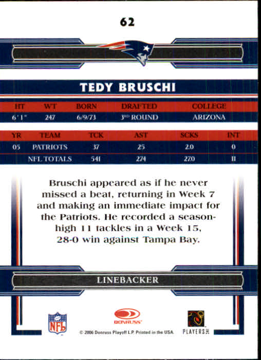 2006 Donruss Threads #62 Tedy Bruschi back image