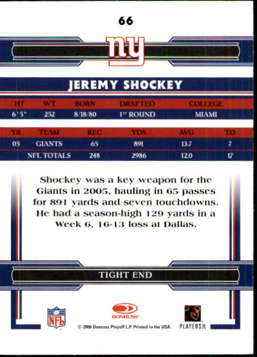 2006 Donruss Threads #66 Jeremy Shockey back image