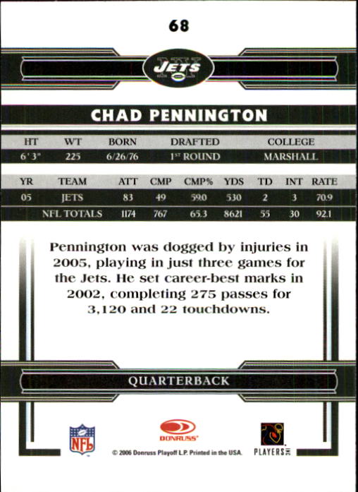 2006 Donruss Threads #68 Chad Pennington back image