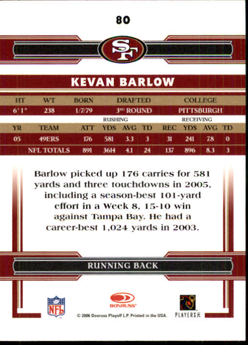 2006 Donruss Threads #80 Kevan Barlow back image