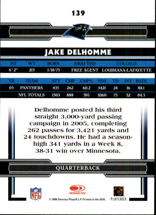 2006 Donruss Threads #139 Jake Delhomme back image