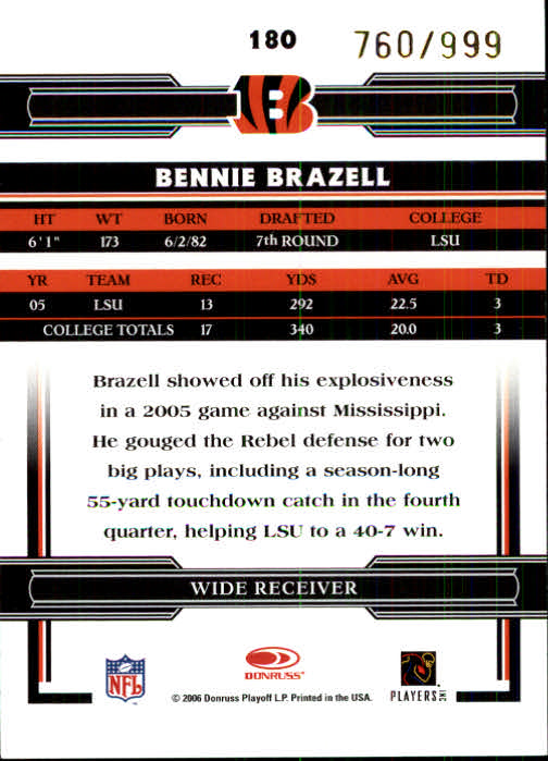 2006 Donruss Threads #180 Bennie Brazell RC back image