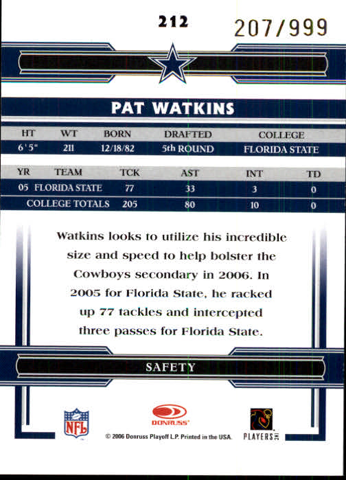2006 Donruss Threads #212 Pat Watkins RC back image