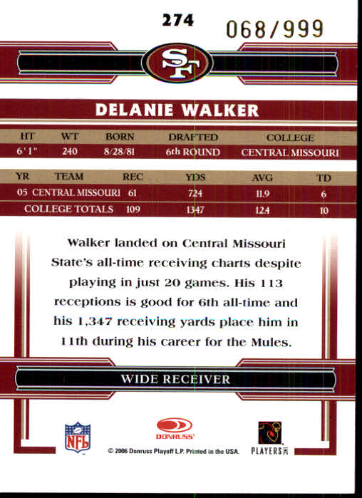 2006 Donruss Threads #274 Delanie Walker AU RC back image
