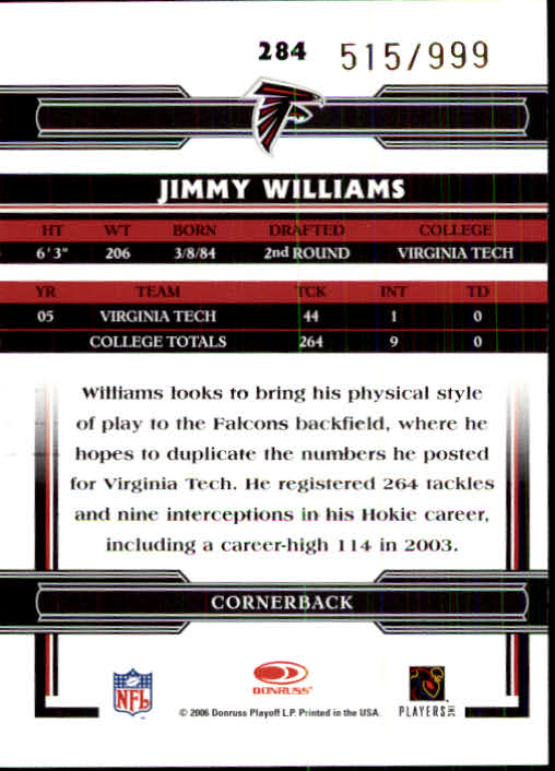2006 Donruss Threads #284 Jimmy Williams AU RC back image