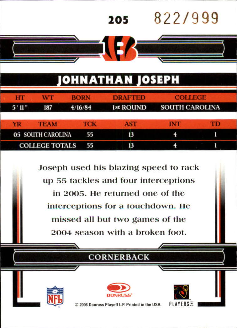 2006 Donruss Threads Retail Rookies #205 Johnathan Joseph RC back image