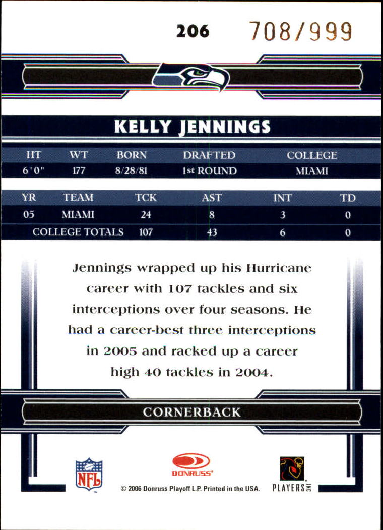 2006 Donruss Threads Retail Rookies #206 Kelly Jennings RC back image