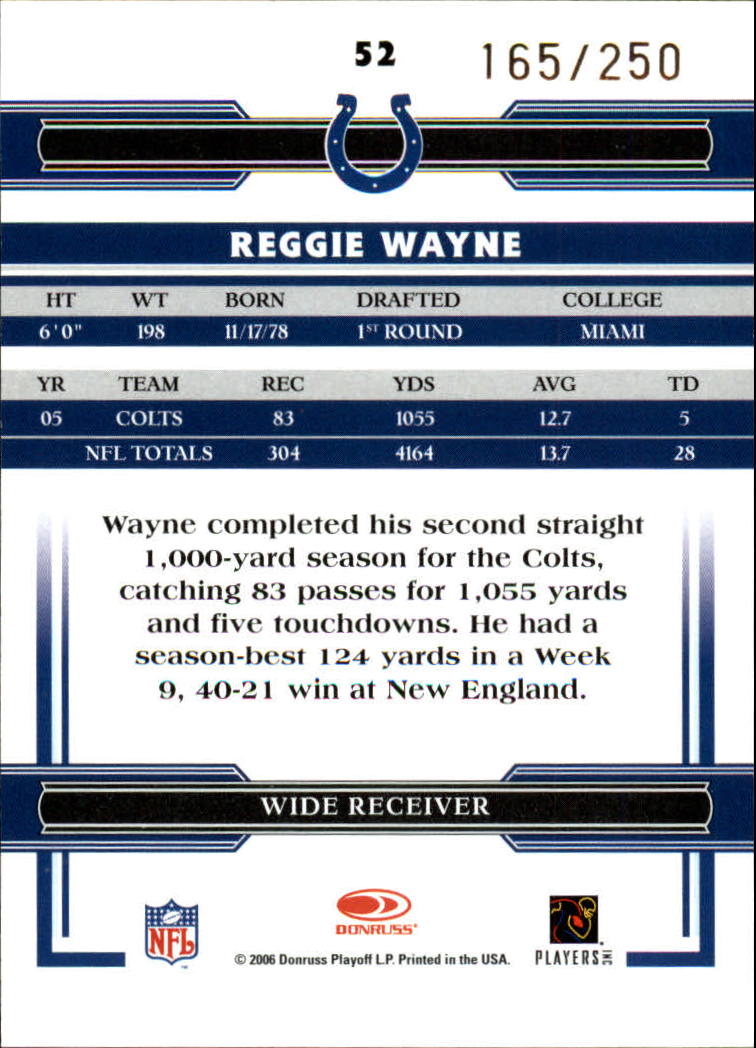 2006 Donruss Threads Bronze Holofoil #52 Reggie Wayne back image