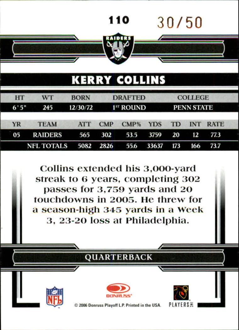 2006 Donruss Threads Gold Holofoil #110 Kerry Collins back image