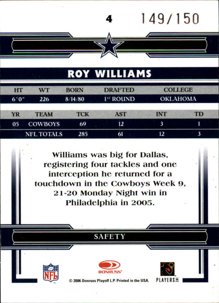 2006 Donruss Threads Retail Red #4 Roy Williams S back image