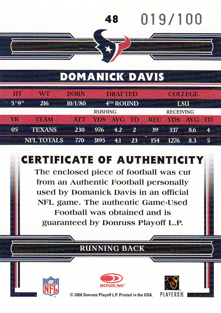 2006 Donruss Threads Footballs #48 Domanick Davis/100 back image