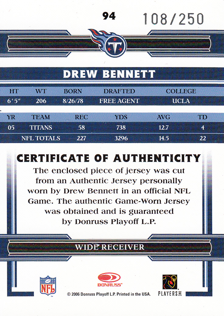 2006 Donruss Threads Jerseys #94 Drew Bennett/250 back image