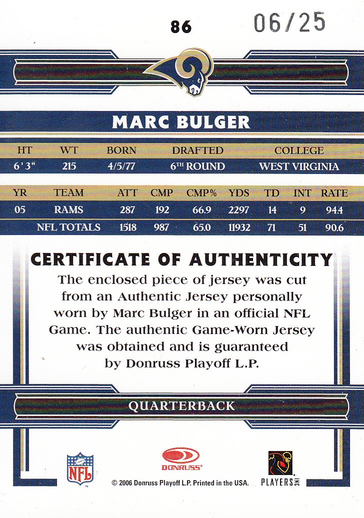 2006 Donruss Threads Jerseys Prime #86 Marc Bulger back image